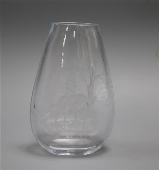 An Ekenas Swedish Art glass vase, etched with a fawn and a tree, designed by John Onwar Lake, signed Ekenas, 16.5cm height 17cm